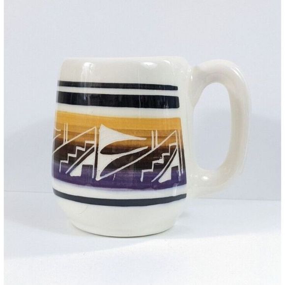 Mesa Verde Pottery Mug - Signed Silas Navajo Purple And Yellow - Picture 2 of 11